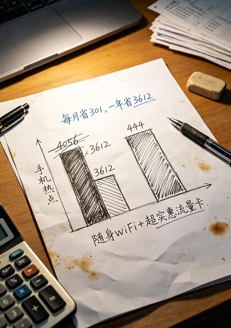 随身WiFi断网别硬扛!换张“超实惠流量卡”直接满血复活(华正易尚用户必看) 手机热点与随身WiFi+流量卡年费用对比柱状图