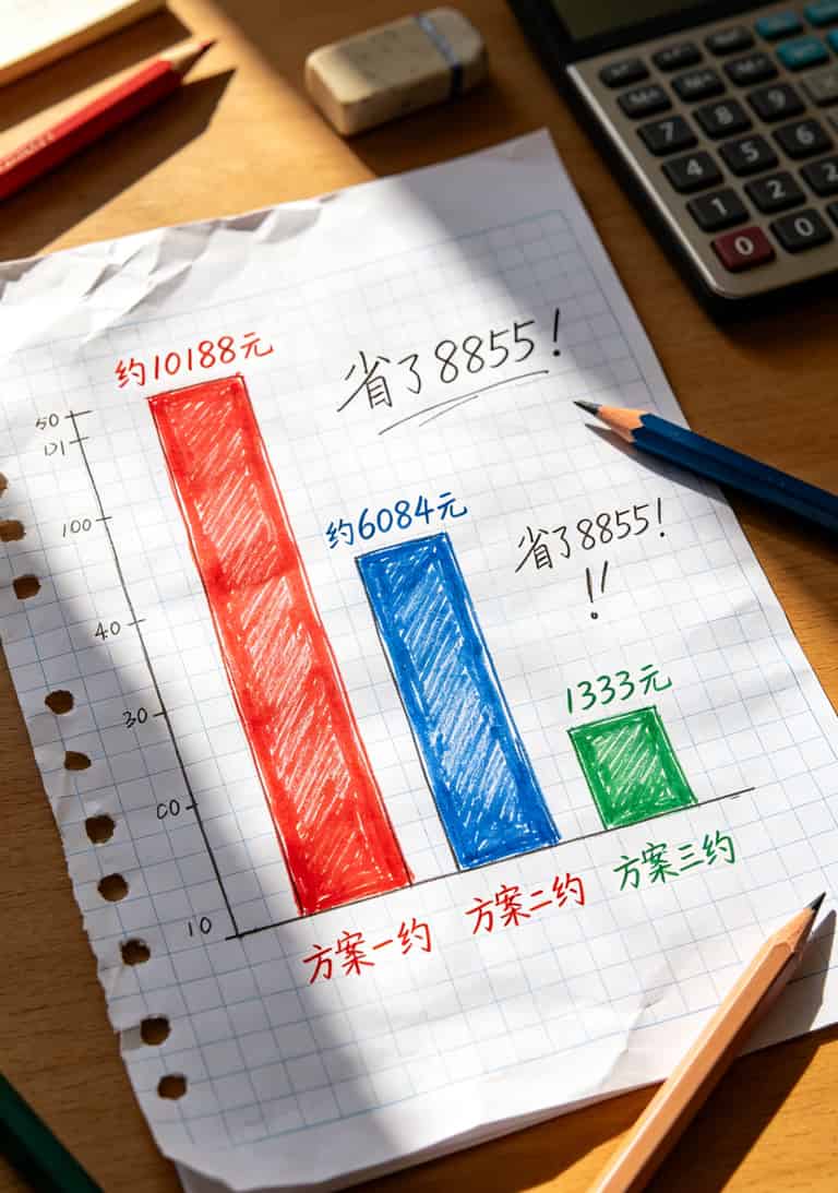华为随身WiFi别乱配卡!我踩了6次坑才搞定的办流量卡推荐 三年费用对比柱状图,方案三明显最低