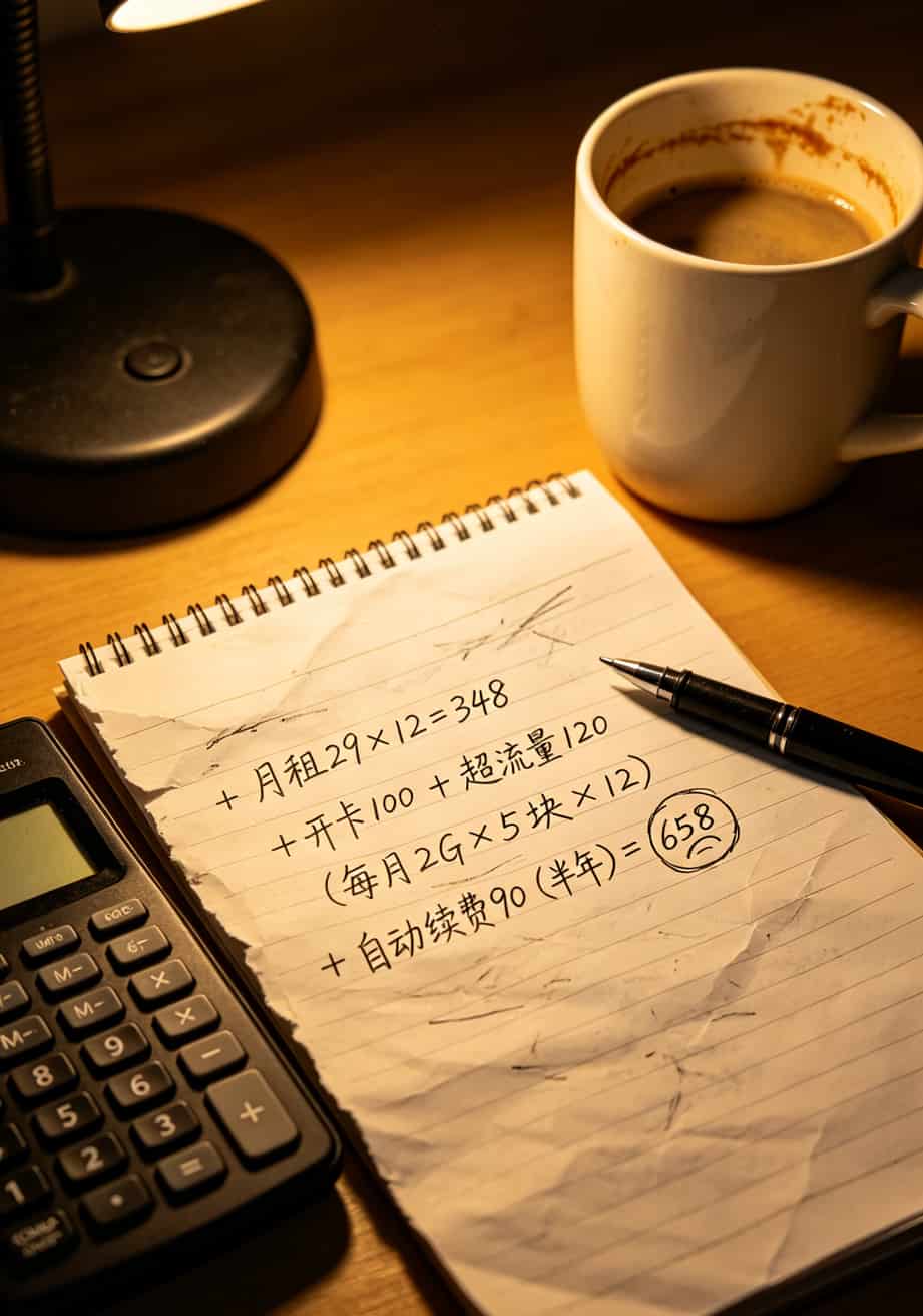 流量卡10g能用多久?我花了3年时间实测京东校园卡,答案跟你想的不一样 手写计算照片,各项费用列出总和