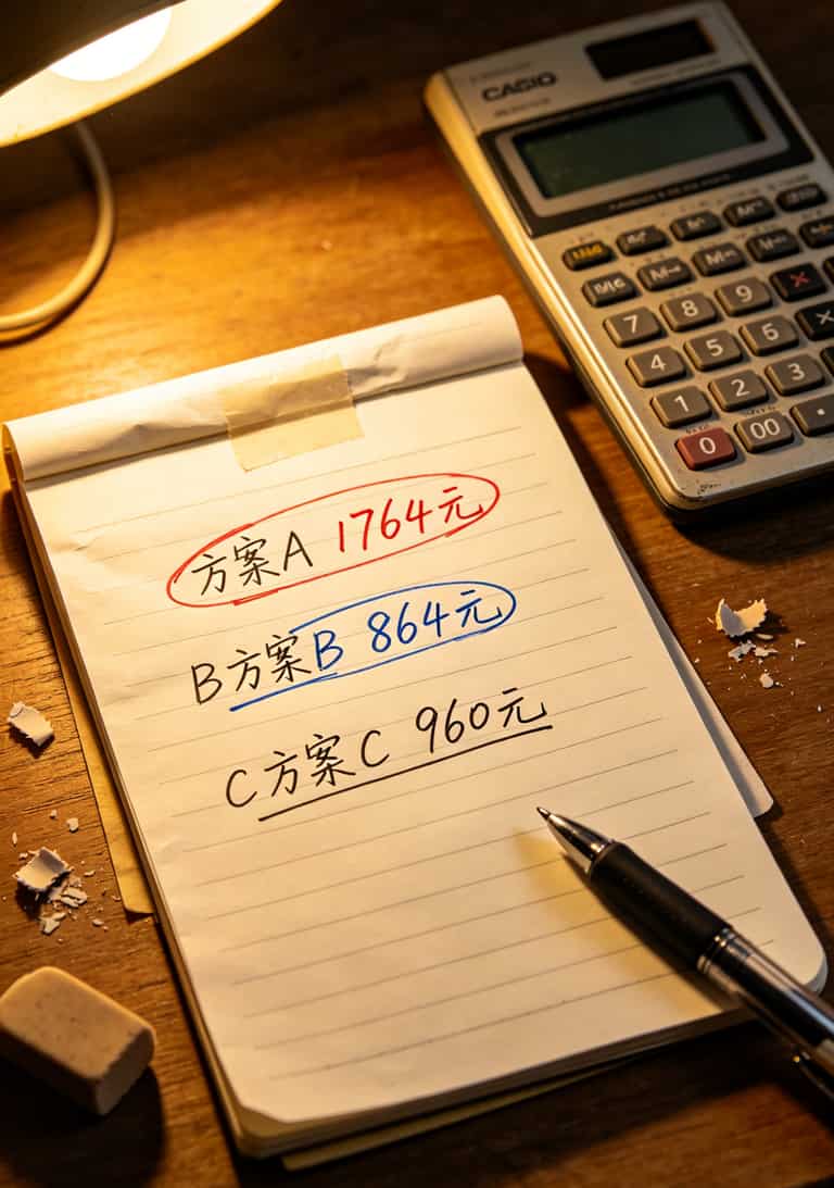 一张手写的三年费用计算表，三个方案的月均费用用不同颜色的笔标注