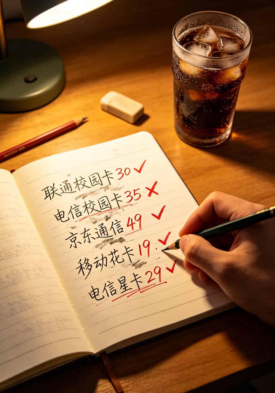 办了17张卡才敢说:学生选高速大流量卡别看广告,这3条坑我全踩过 五款套餐资费对比手写笔记图