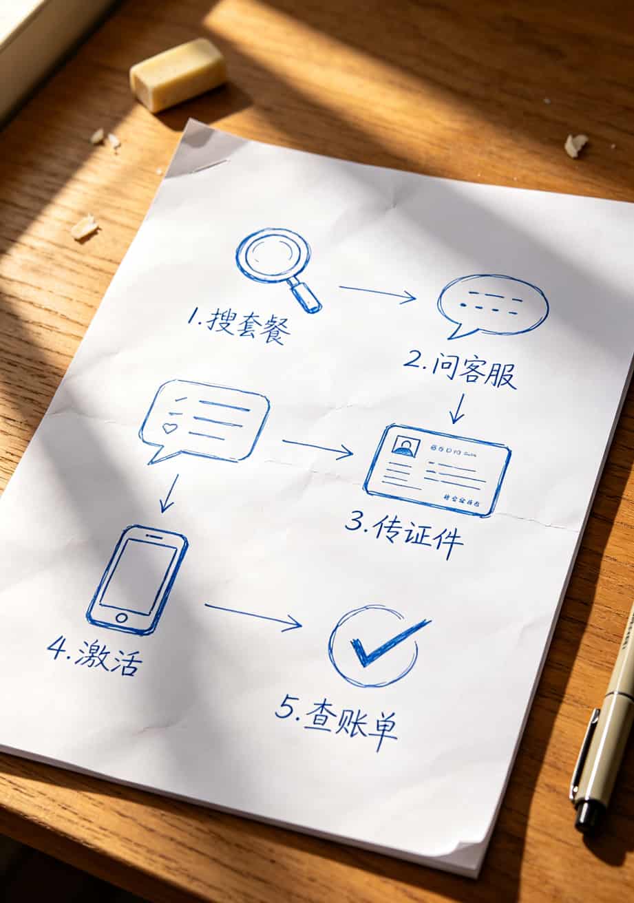 19块200G流量卡是真是假?我实测仨月,直接把话撂这了 办理流量卡的全流程手绘示意图,标注关键步骤