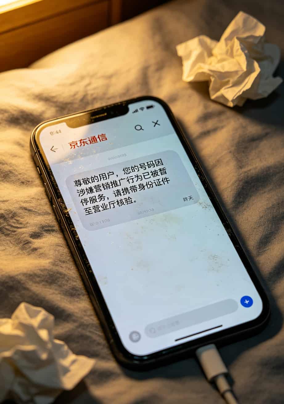 100g流量卡怎么办理才不亏?我实测三个月,这些坑你跳过就赢了 手机短信截图,显示“该号码涉嫌营销推广已被停用”