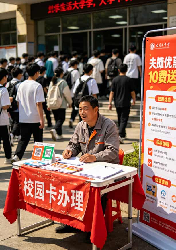 四年踩坑无数,终于找到一张靠谱的“可选归属地流量卡”(学生党必看) 学校食堂门口摆着简易桌子,上面拉着“手机卡办理”横幅