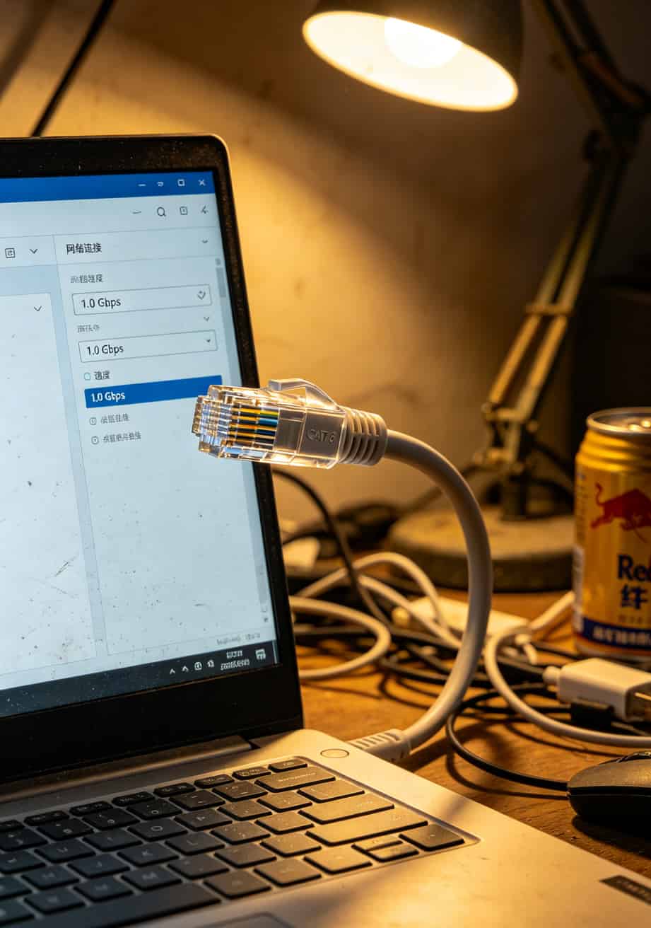 千兆网口随身WiFi + 不定向流量卡,三年省下两千块?我实测了三个月,实话难听 电脑网络属性显示“1.0 Gbps”,旁边是一根六类网线