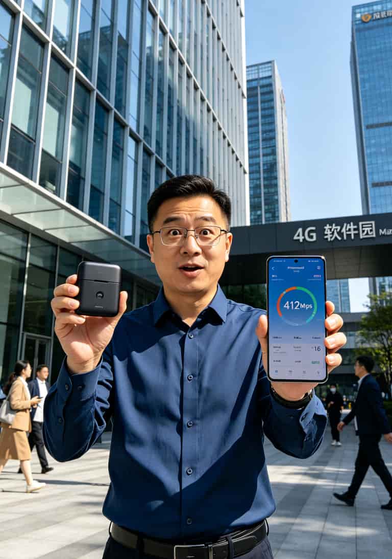 20260508_022818_办理电信19.9流量卡_final 老王在成都天府三街软件园C区门口手持华为5G随身WiFi测速,手机屏幕显示412Mbps