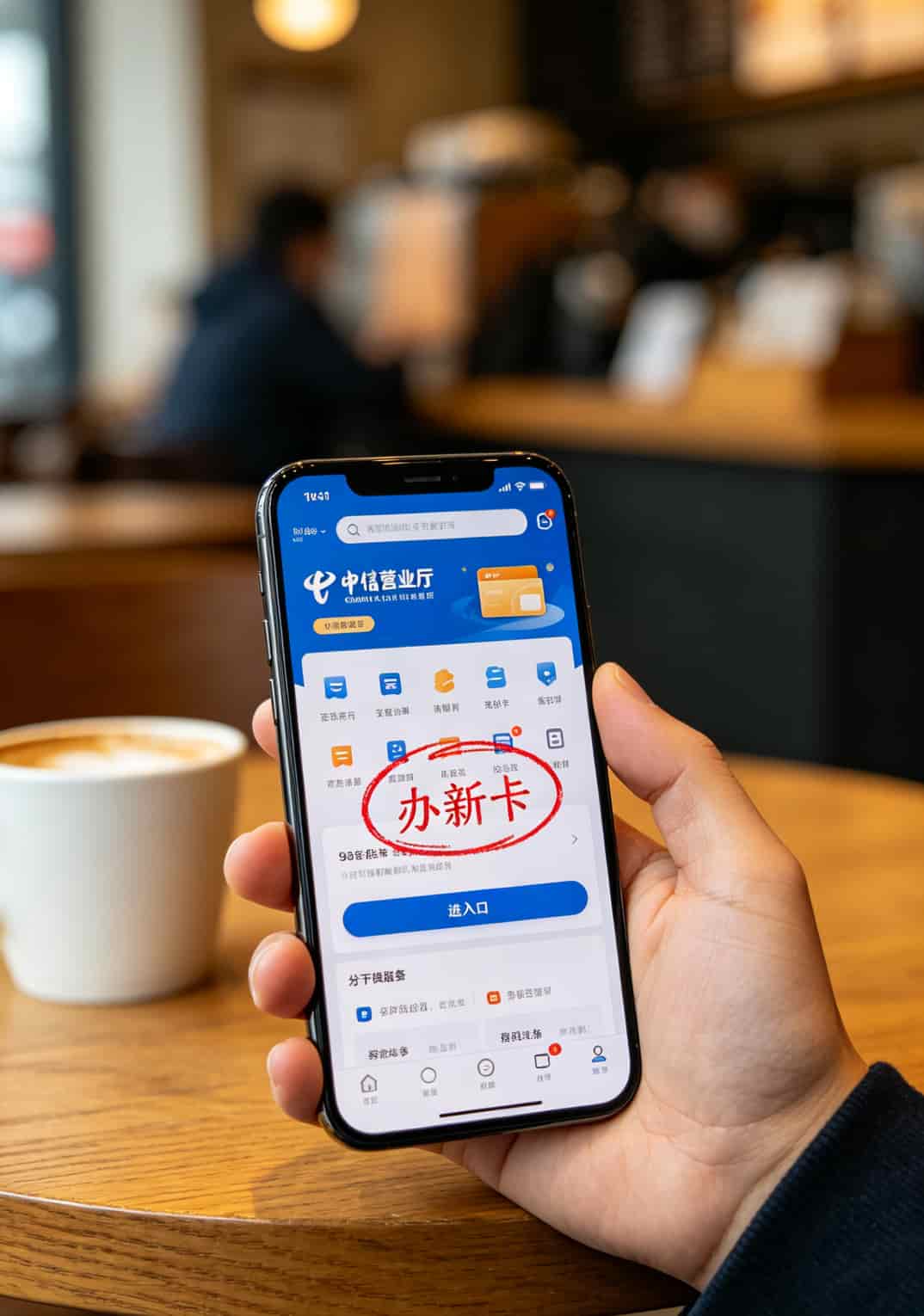 流量卡这三年我踩过的坑,最后只认准这一个入口 手机屏幕展示电信营业厅App首页,“办新卡”入口用红圈标出