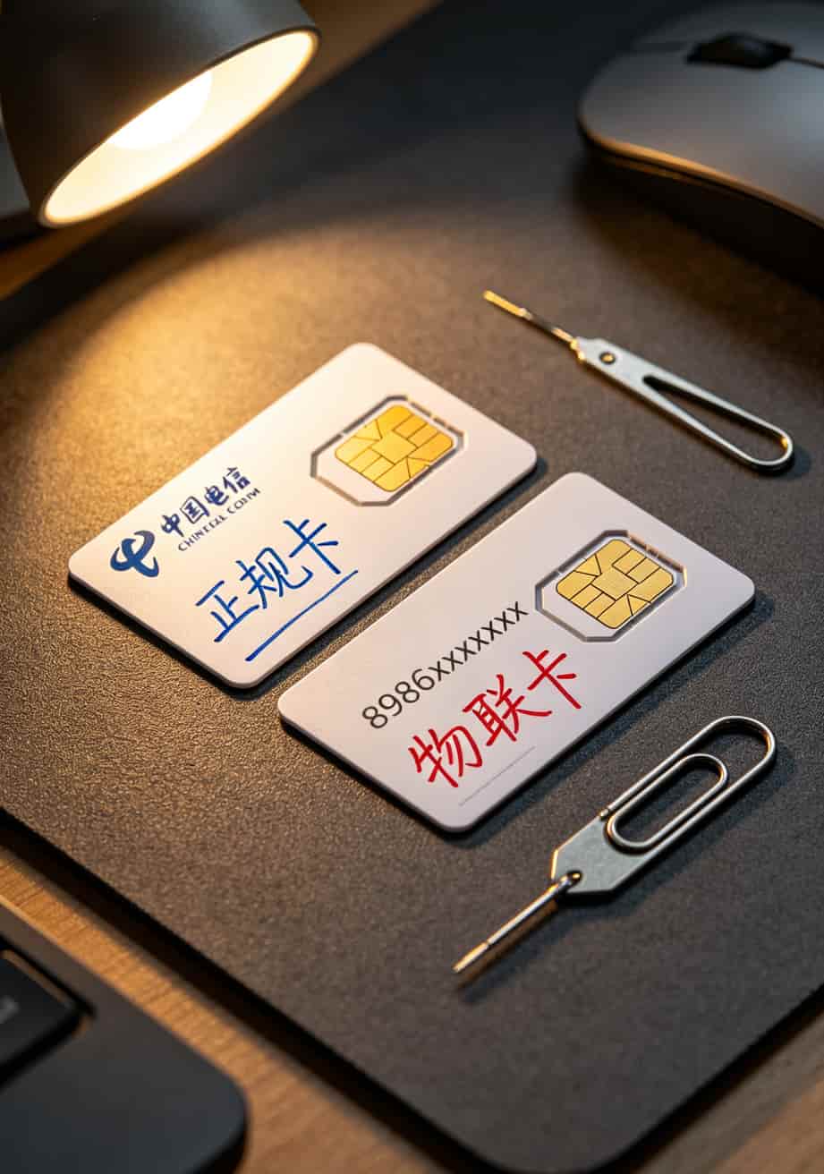 流量卡这三年我踩过的坑,最后只认准这一个入口 两张SIM卡并排对比,一张标注“正规卡”有运营商logo,一张标注“物联卡”只有一串数字