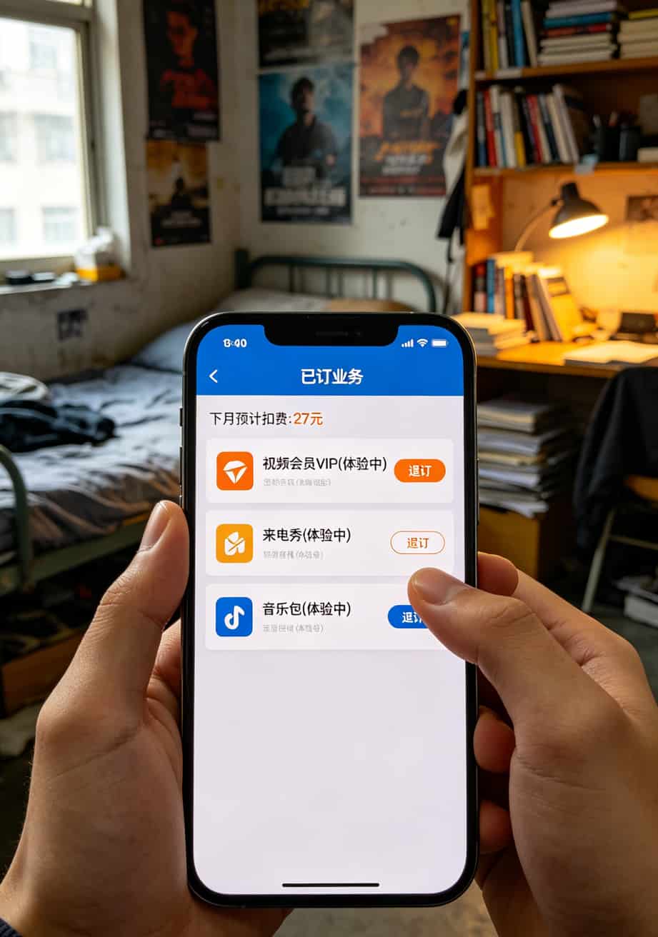 流量卡这三年我踩过的坑,最后只认准这一个入口 手机设置界面,“已订业务”列表中显示三个“体验中”的服务,每个后面都有“退订”按钮