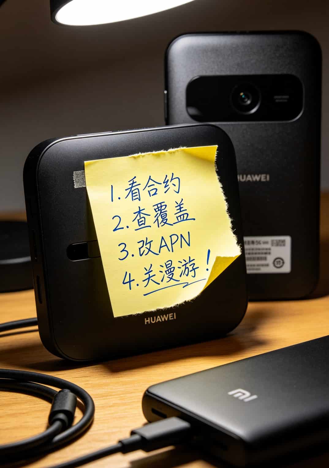 华为5G随身WiFi配sim卡和流量卡,我换了7张卡的血泪总结 一张手写的避坑提醒纸条,写着“看合约、查覆盖、改APN、关漫游”