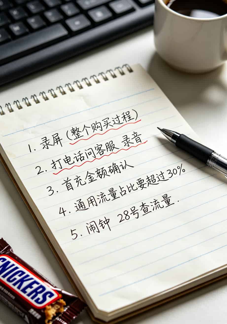 19块钱200G的“宝卡全国定向流量”,我办了三个月就销号了 手写的5条清单,字迹潦草,第一条“录屏”下面画了波浪线