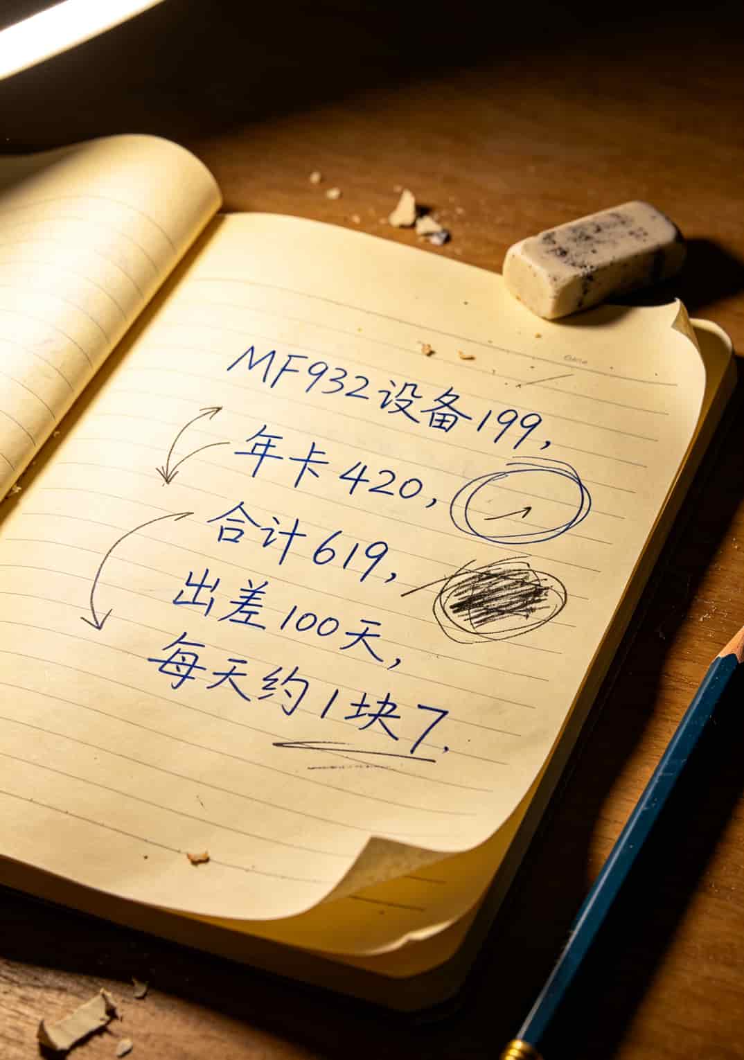 流量卡别瞎买!我踩了三年坑才搞懂20g流量卡多少钱一张 笔记本上手写的计算公式,设备199加年卡420等于619,每天约1.7元
