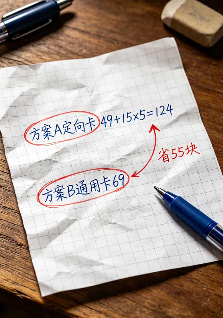 华为随身WiFi办卡三年踩坑实录:这样“办理定向流量卡”网速翻倍还省钱 手写计算草稿纸,124元vs69元对比