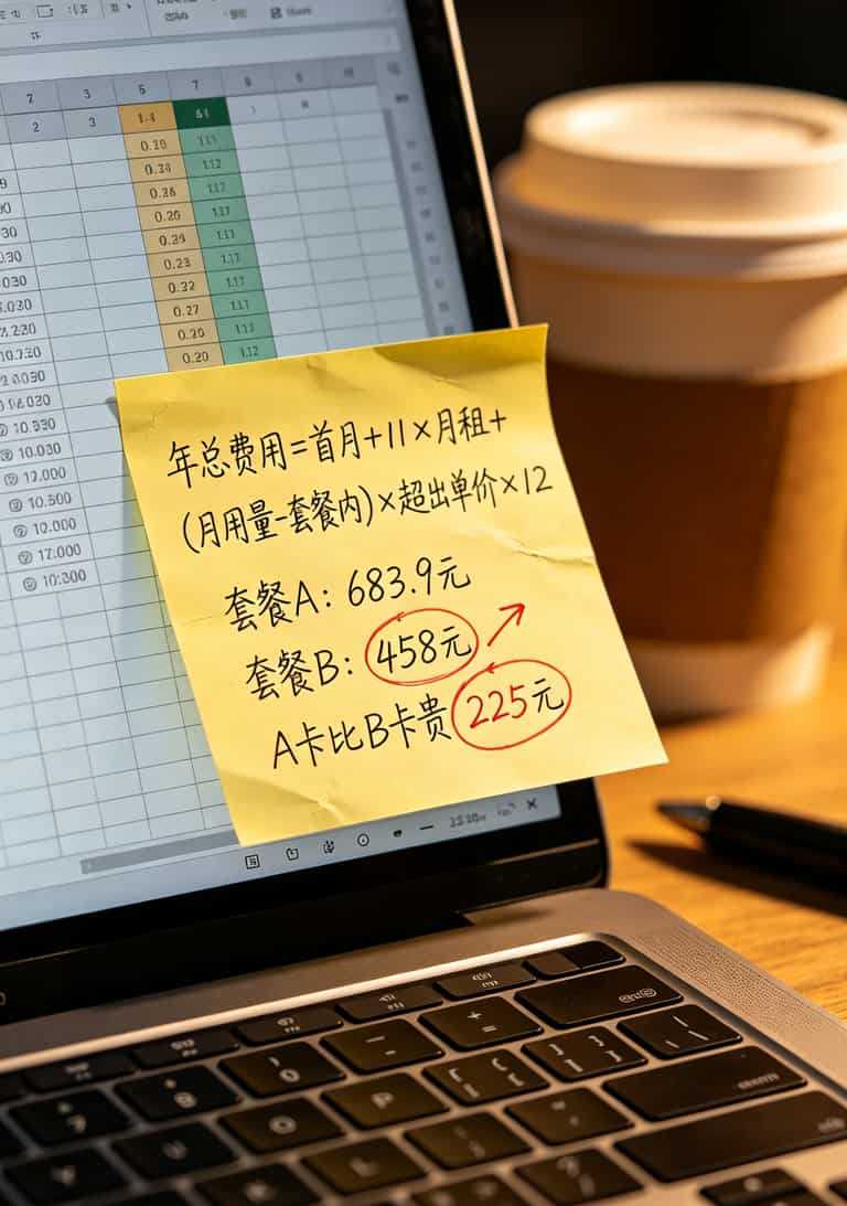 华为随身WiFi网速慢?别砸设备!先“比较流量卡”,三张卡轮一遍你就懂了 手写计算公式的便签纸,上面用红笔圈出了关键数字