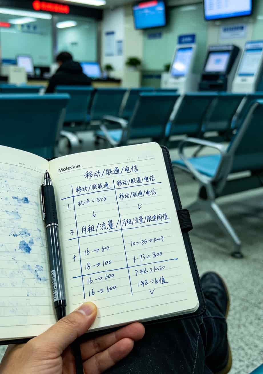 杭州移动/联通/电信营业厅办理畅享流量卡的对比表格
