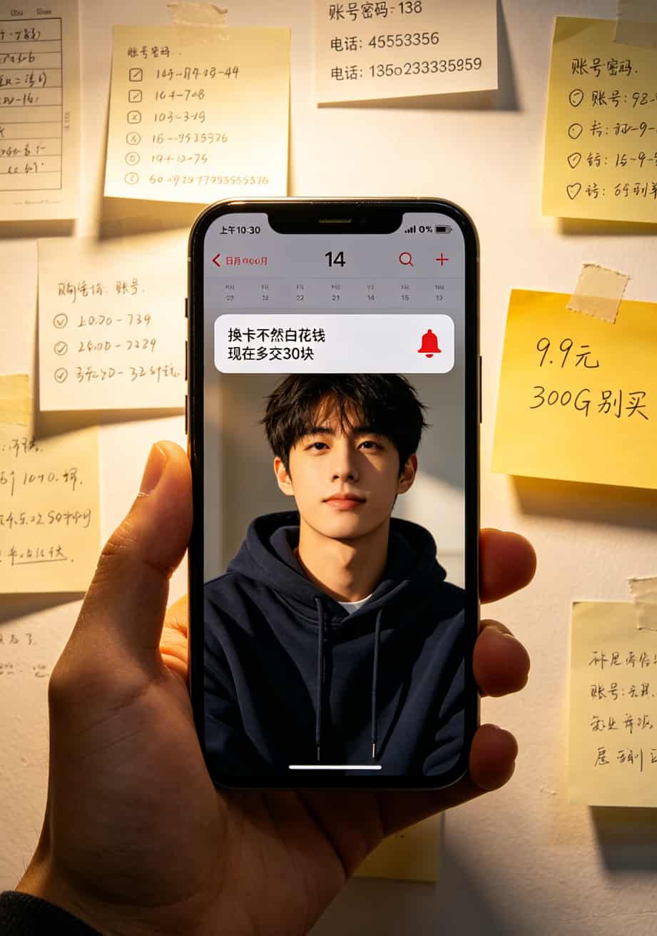 跑了三年冤枉路,终于搞懂了什么叫好用的流量卡套餐(这6个坑你一定也遇到过) 手机日历界面显示一个提醒事项,标题是“换卡不然白花钱”,日期提前了30天