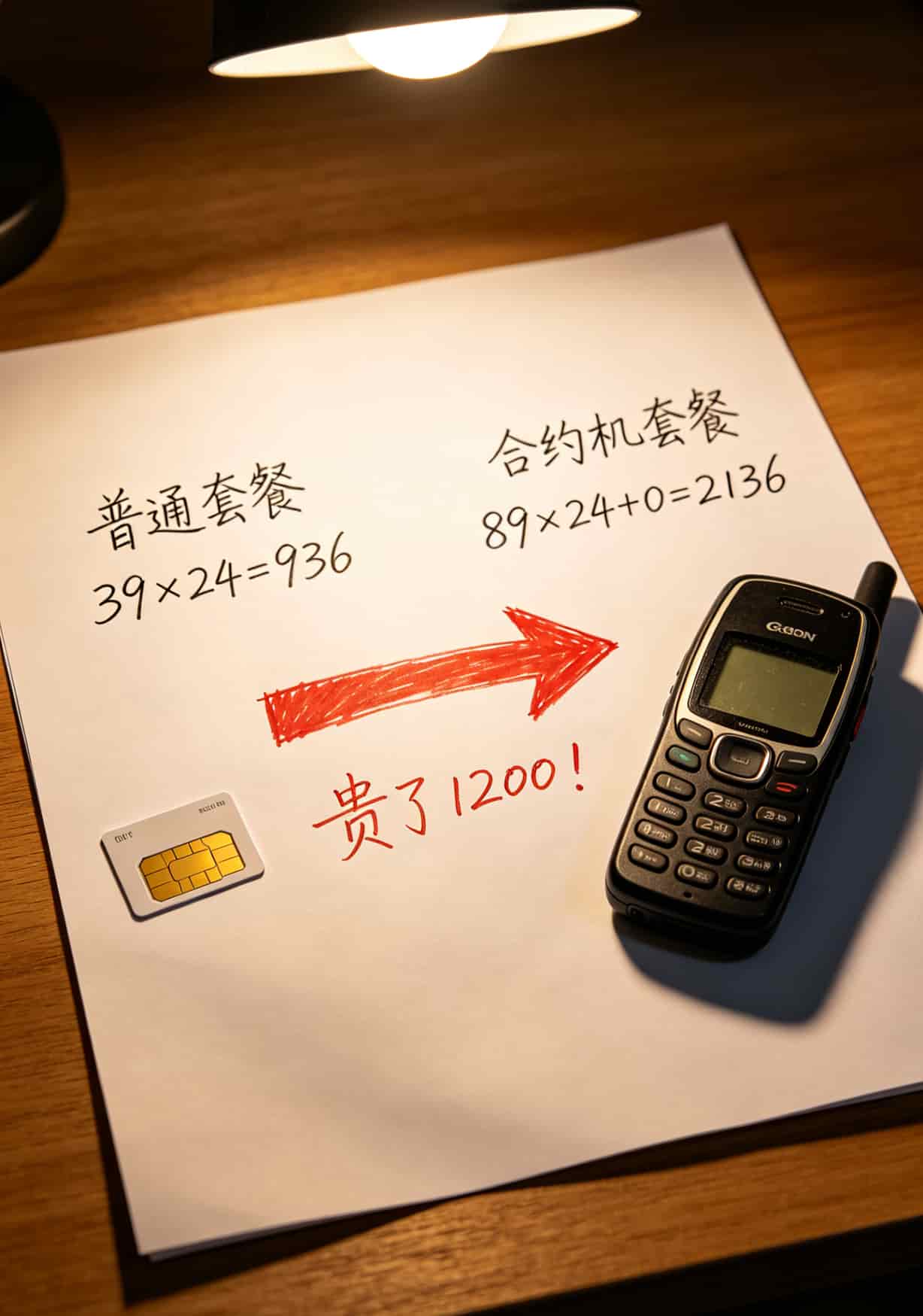 办哪个流量卡流量多?我拿6张卡实测俩月,这张脸都丢尽了 合约机套餐和普通套餐的两年总花费对比,右侧合约机金额明显高出一大截,旁边放着一部合约手机和一张普通SIM卡