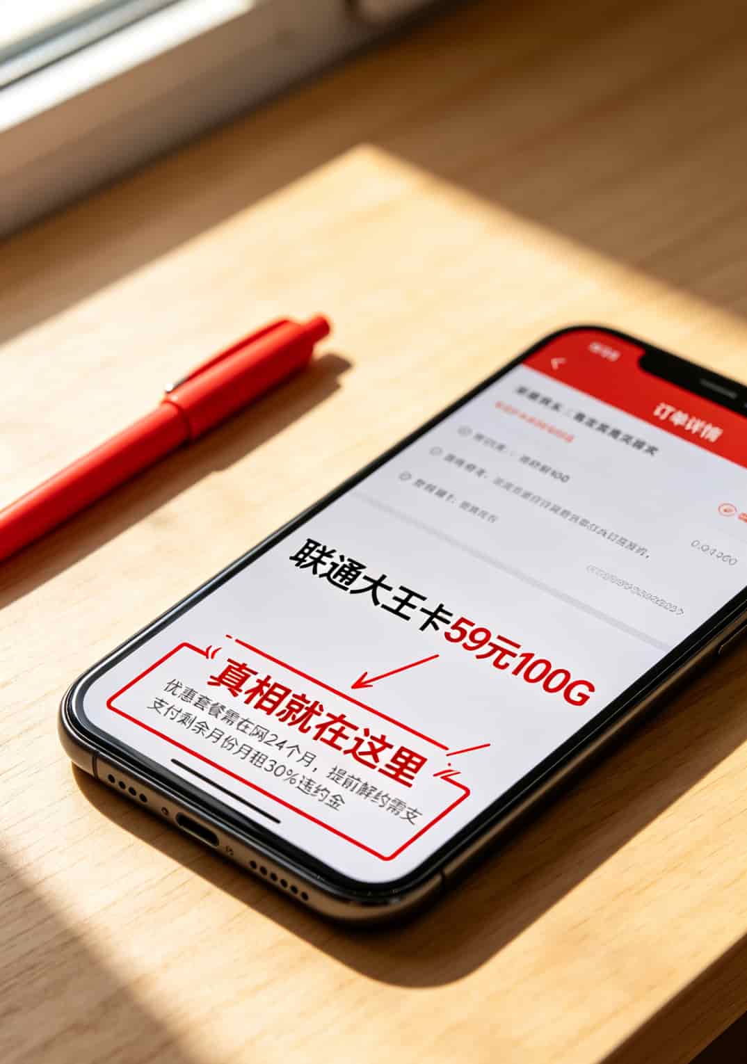 跑了三趟营业厅,我算明白了:不限流量的卡多少钱一个月?39到59块,别信19块 手机订单页面截图,一行极小字体被红框标出