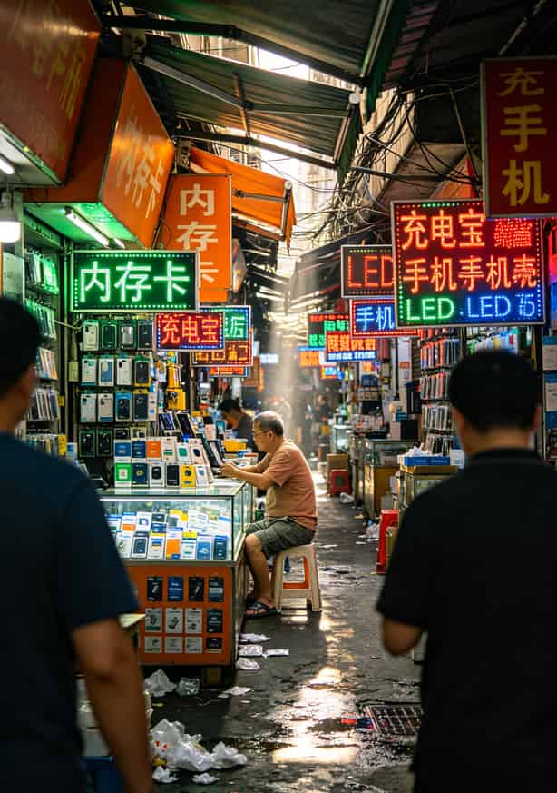 深圳华强北电子市场的街景，手机配件摊位