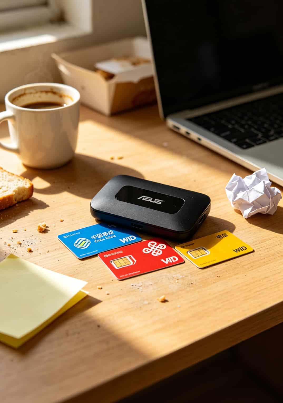 华硕随身WiFi与三张畅享流量卡摆放在桌面的实拍图