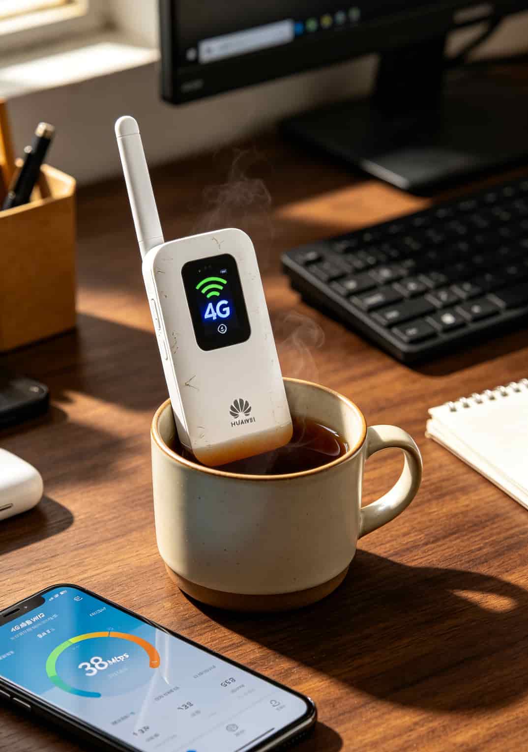 华为4G随身WiFi2设备竖立在桌面上，旁边放着一杯茶
