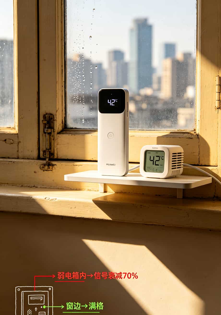 华为5G随身WiFi配上500g大流量卡,真能省出一个月的烟钱?我折腾三年告诉你答案 华为5G随身WiFi摆放位置与信号强度关系示意图