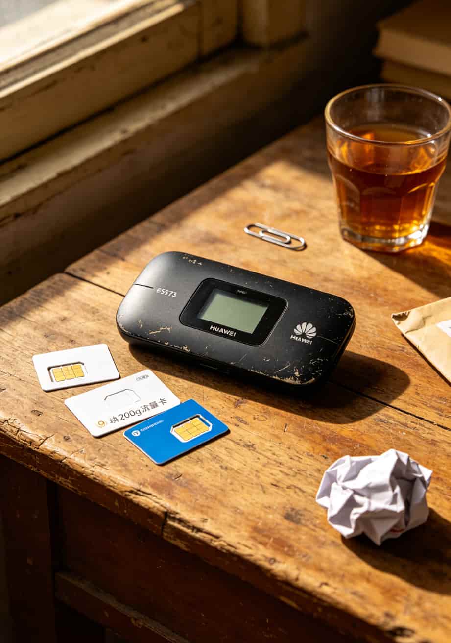 9块200g流量卡配华为随身WiFi,我踩了6张卡的坑才换来的实话 华为随身WiFi和几张流量卡摆在一起