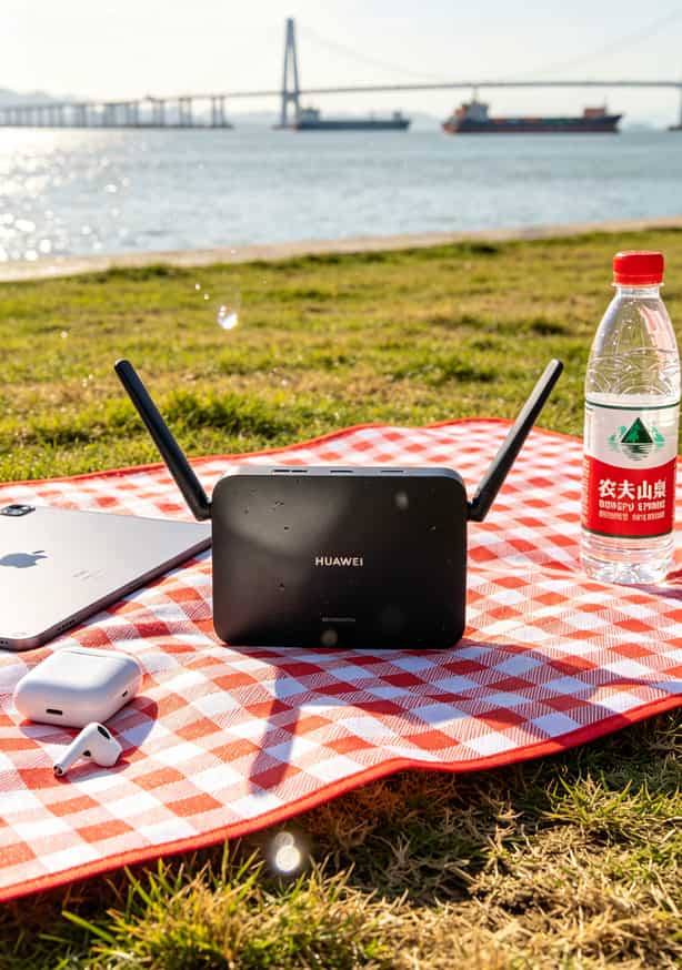 华为随身WiFi联动流量卡套餐怎么选?实测6张卡,这样搭配一年省下1000块 华为随身WiFi随行WiFi3和两张流量卡摆在一起,旁边是一台笔记本