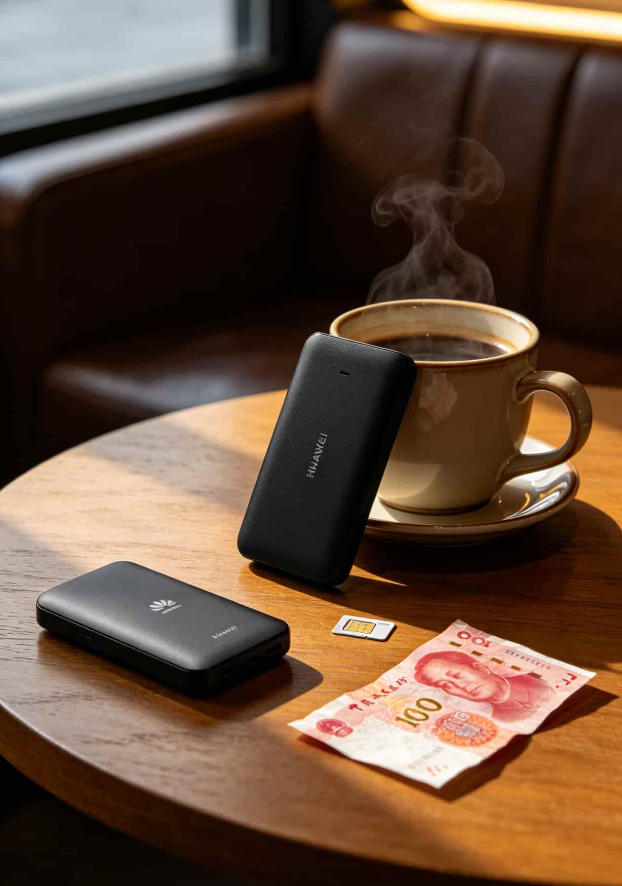 华为随行WiFi 3黑色机身放在咖啡杯旁边实物图