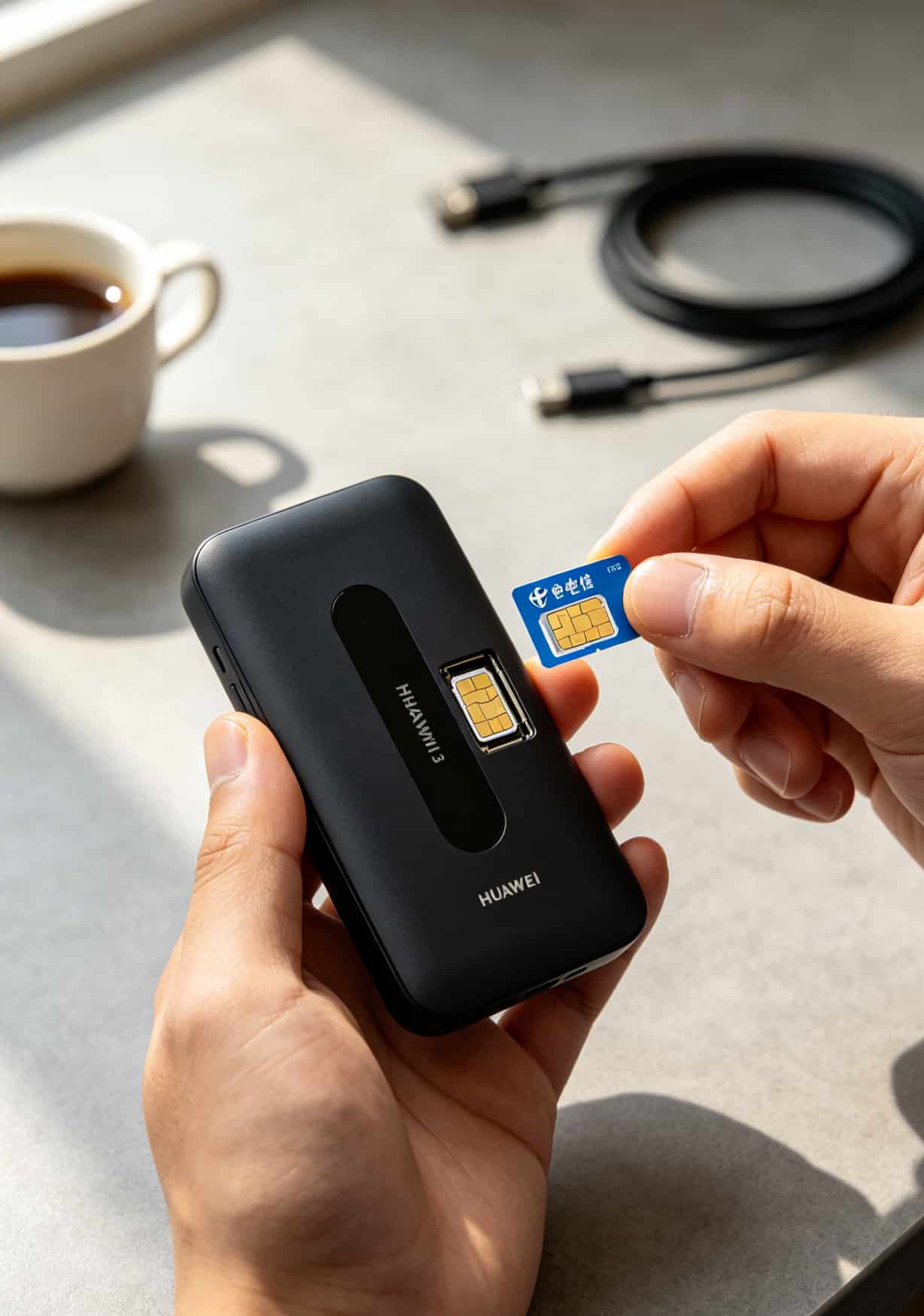 华为随身WiFi配啥流量卡?**29100g流量卡**避坑实测,从2Mbps提到15Mbps我只换了张卡 华为随身WiFi插流量卡实物图,显示SIM卡槽方向和芯片朝向