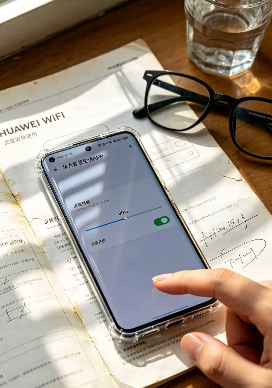 9月份流量卡怎么选?实测告诉你:月租48拿110G通用流量,别被定向流量忽悠了 华为智慧生活APP中设置流量提醒的界面截图