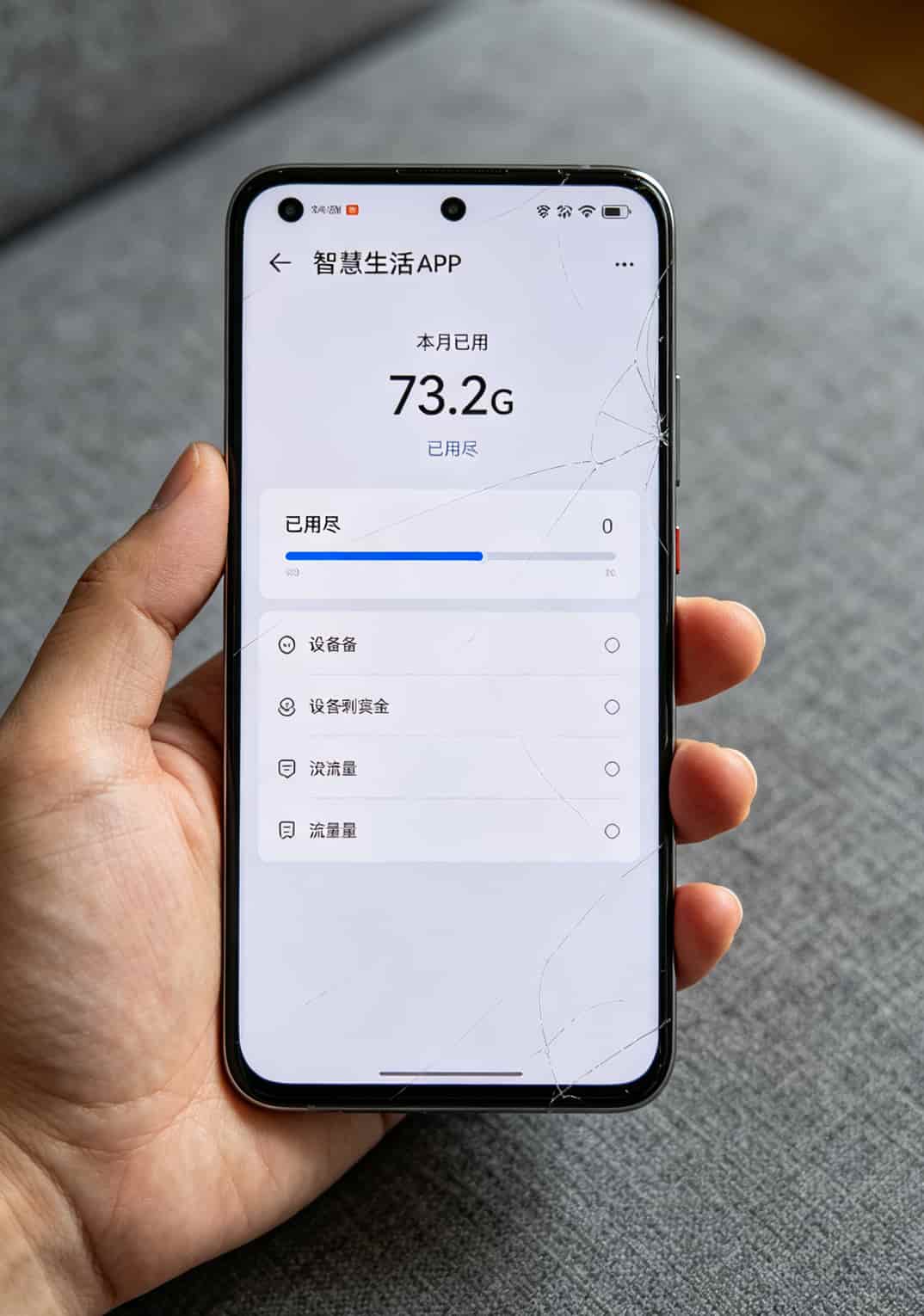 月省100块!华为随身WiFi插卡版配29元卡流量,三年省出一台新设备 华为智慧生活APP流量统计页面,显示已使用73G但套餐已用尽,与商家标称100G不符