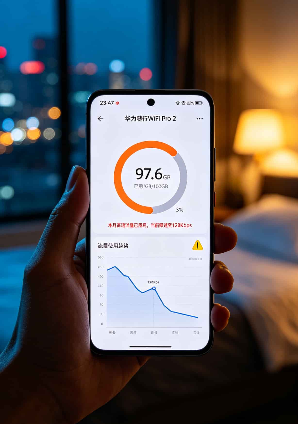 华为随身WiFi配上不换卡流量套餐,跑了30天差的人跟你说:这钱花得值 华为智慧生活App流量剩余界面,显示已用97.6GB,限速提醒红字