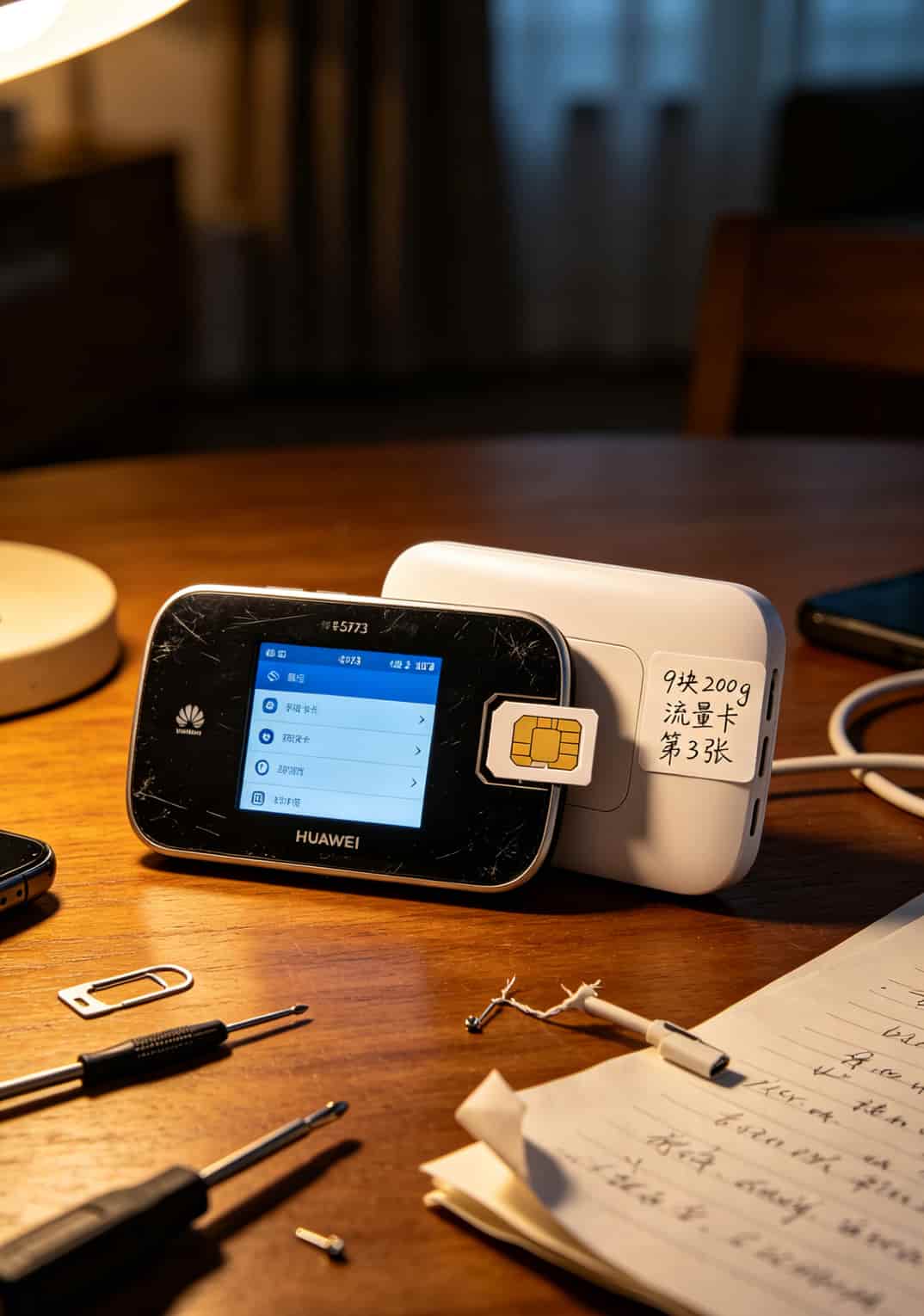 9块200g流量卡配华为随身WiFi,我踩了6张卡的坑才换来的实话 华为随身WiFi插着卡放在桌上