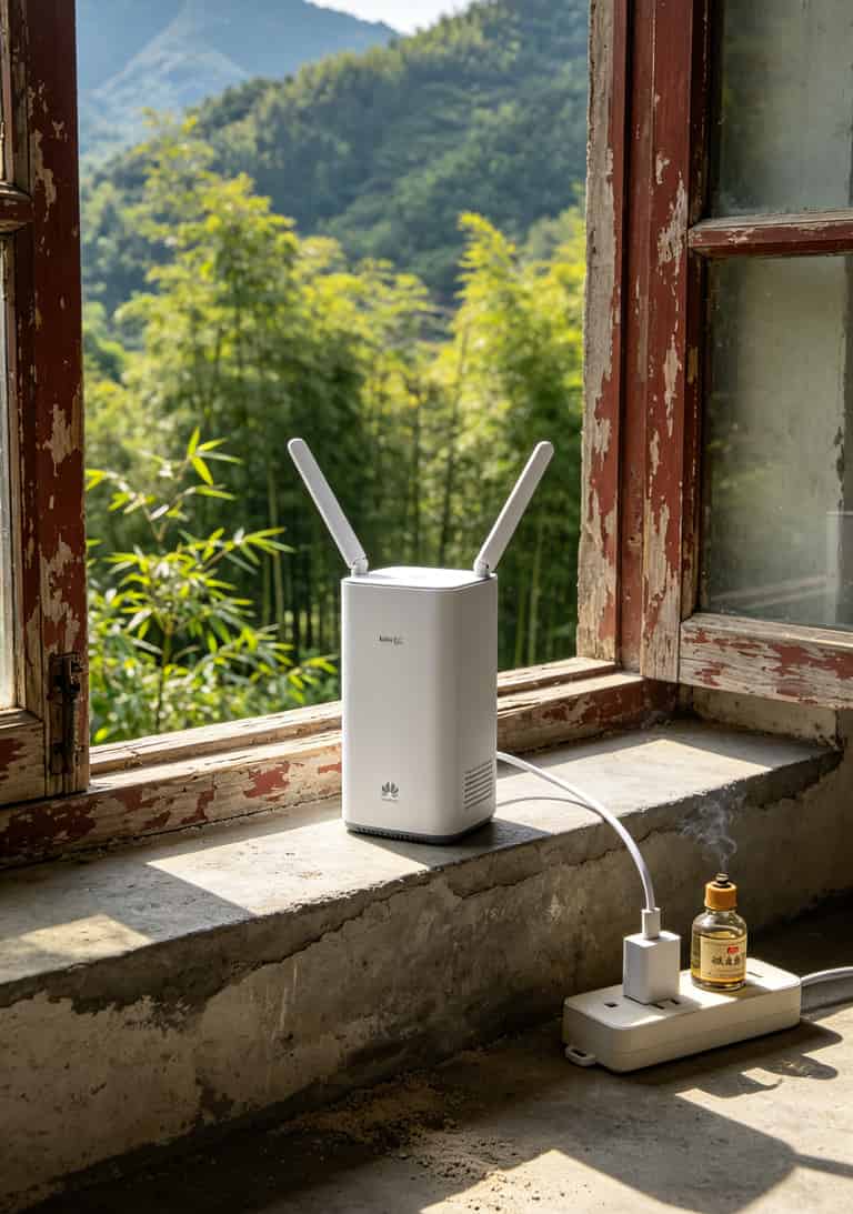 155g流量卡到底坑在哪?我亏了1200块换来的随身WiFi实战手册 华为5G CPE Win放置在窗边,天线呈V字形展开