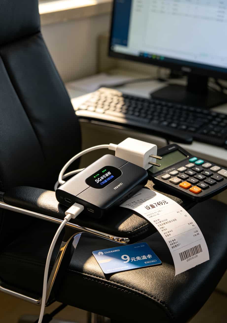 9元免流量卡是真是假?3个月实测,月租56块才是真话 华为5G随身WiFi与充电器、流量卡放在一起