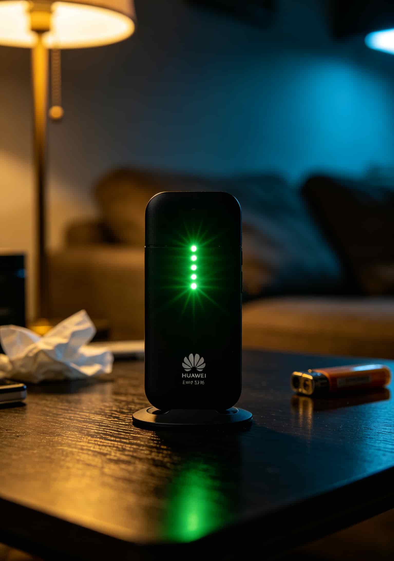 绿灯闪一夜没网?9块钱105g流量卡和华为随身WiFi到底配不配 华为随身WiFi正面绿灯闪烁特写,绿灯快闪状态