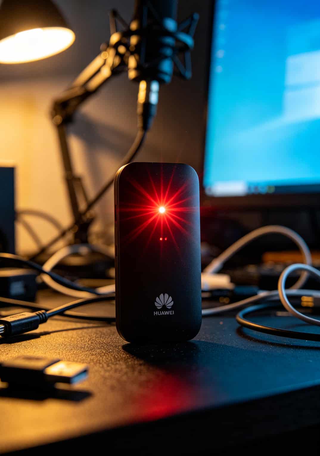 华为随身WiFi红灯闪烁?别扔!先换一张19元最划算的流量卡试试 华为随身WiFi正面指示灯红灯闪烁特写