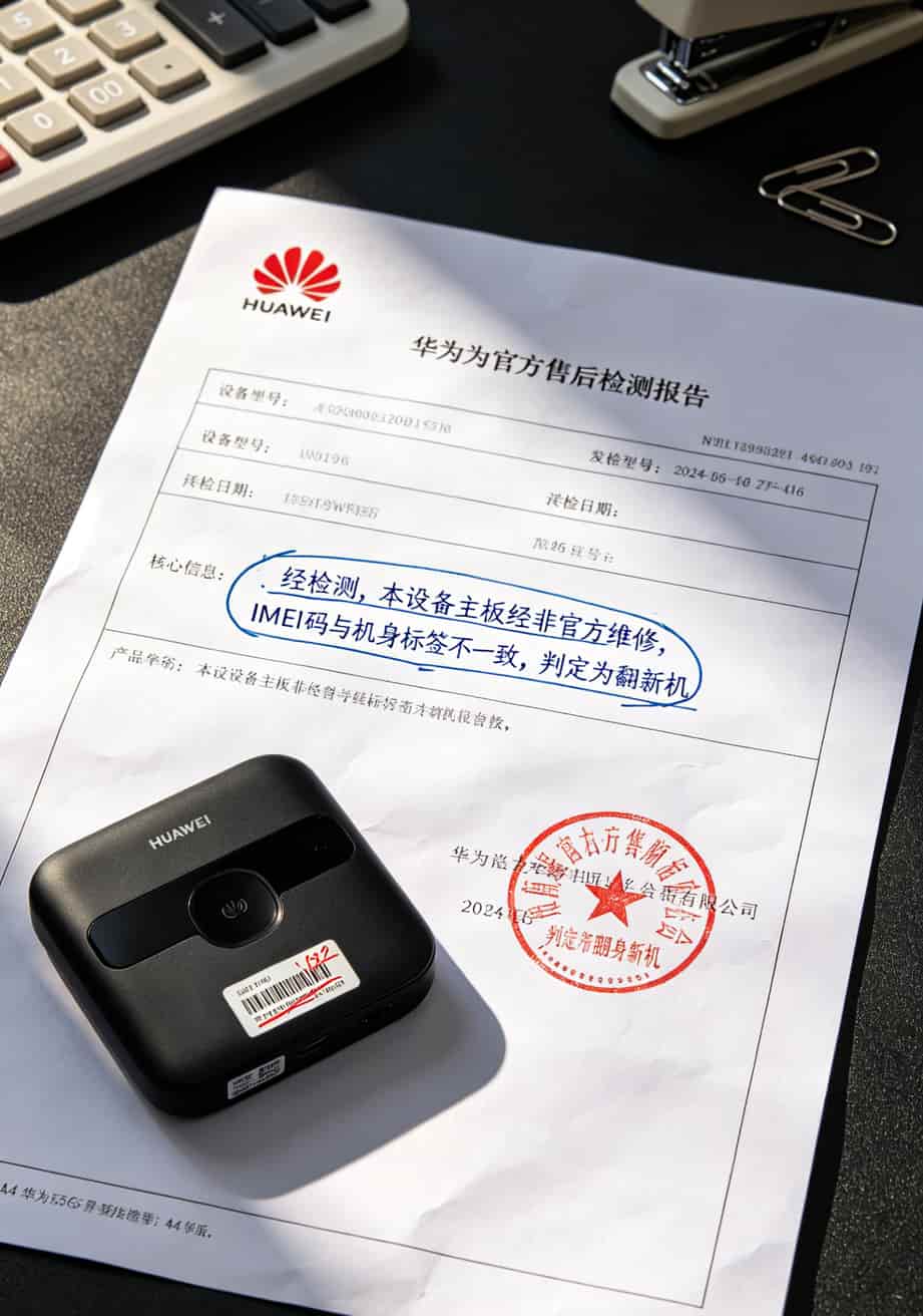华为5G随身WiFi配上PDA流量卡,折腾大半年省下2000块,这8张卡的血泪史你值得看 华为官方售后检测报告单照片,白纸黑字盖红章,显示设备为翻新机,原IMEI码与机身不一致