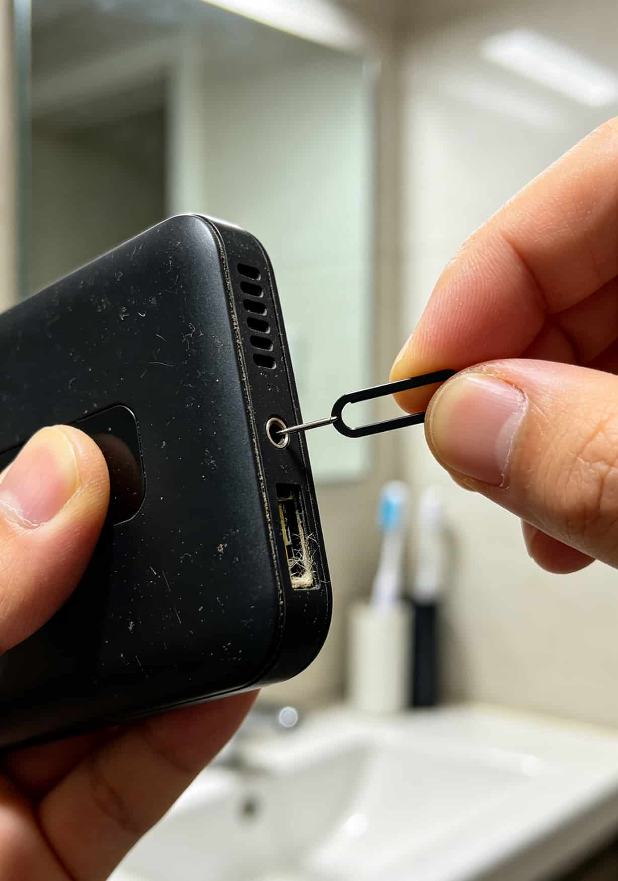 华为随身WiFi红灯闪烁?别扔!先换一张19元最划算的流量卡试试 华为随身WiFi复位孔位置示意图,用卡针捅入