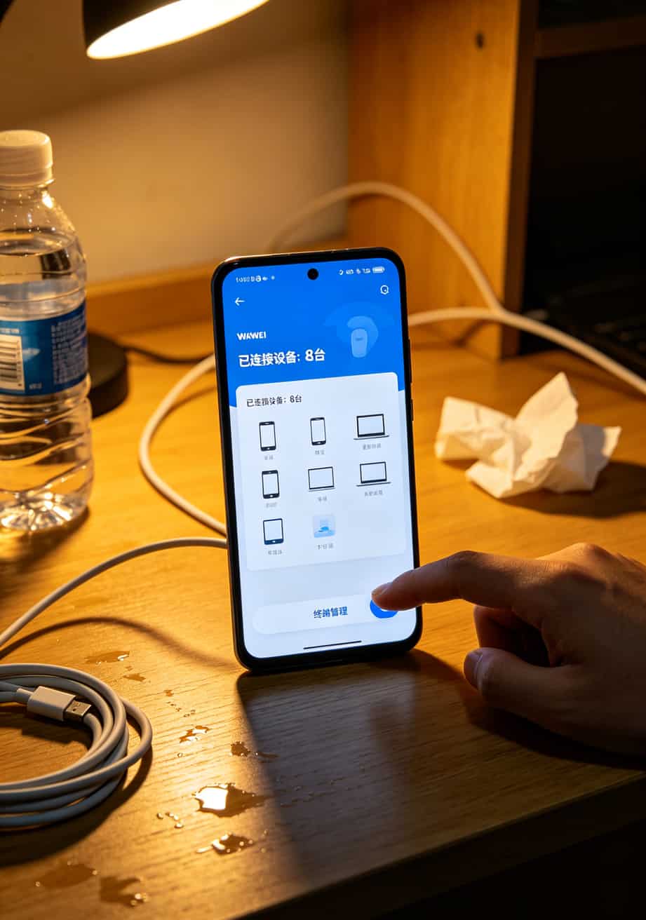 华为随身WiFi配啥流量卡最划算?我买了十几张卡踩坑三年,终于整明白了 华为随身WiFi后台显示同时连接多台设备的界面,提示连接数影响续航