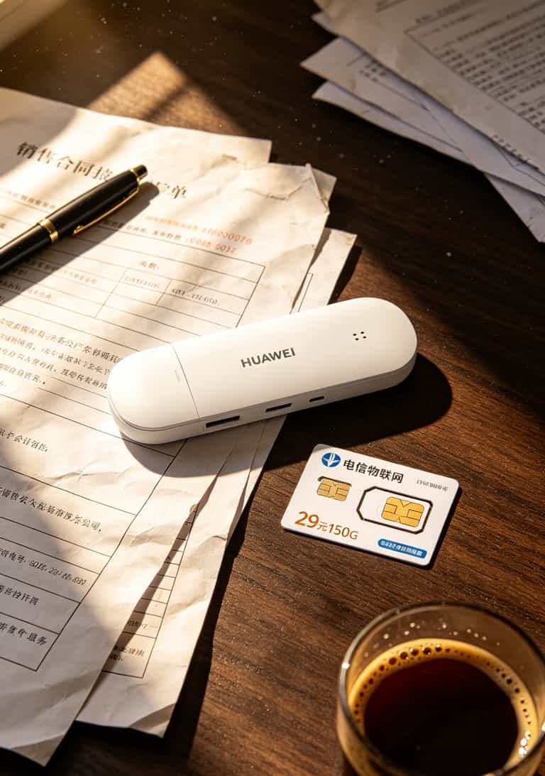 华为USB随身WiFi用电信比较便宜的流量卡3年实测:省了1800块,值得买吗? 华为USB随身WiFi和电信流量卡放在办公桌上