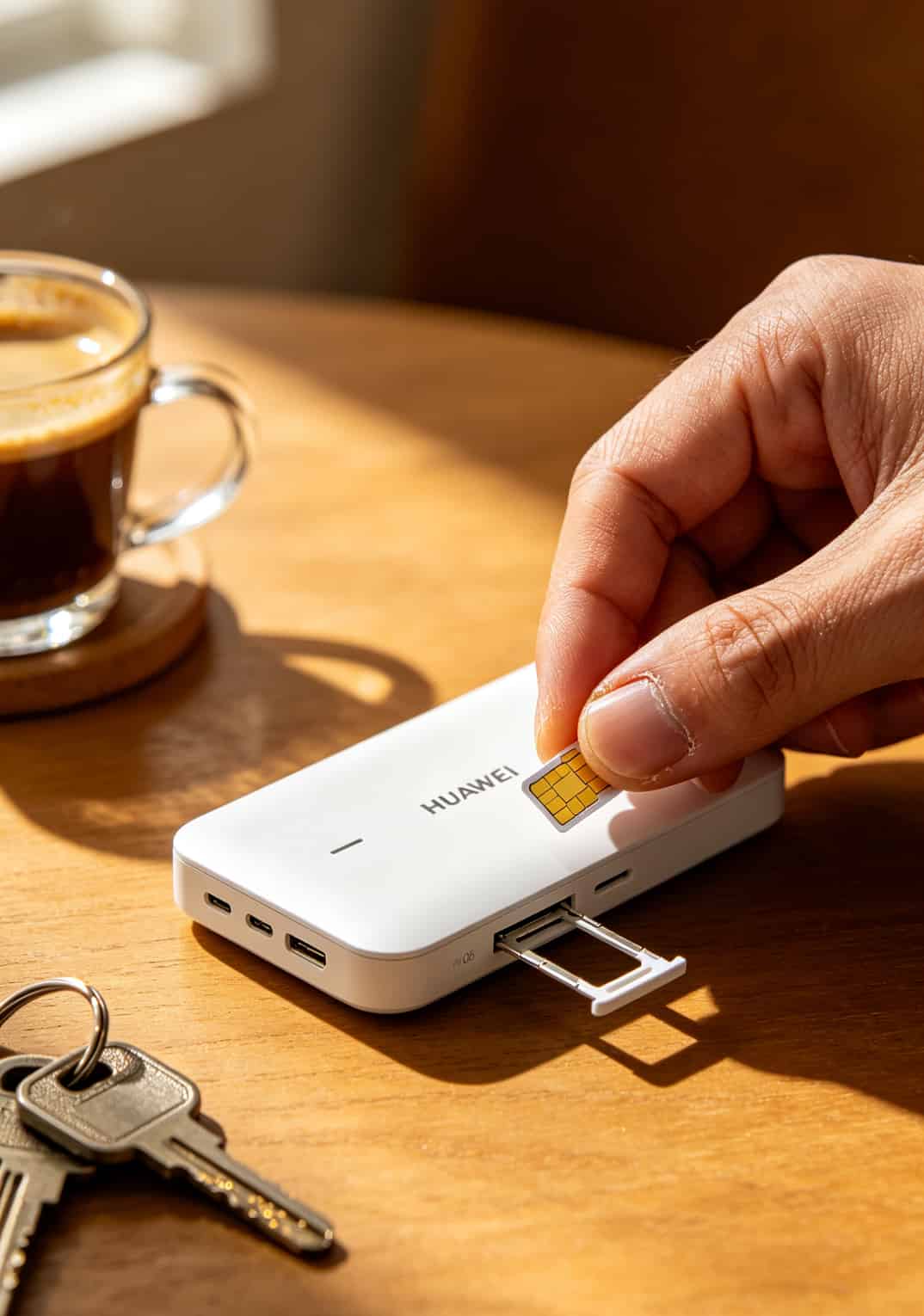 华为W06随身WiFi插卡卡槽特写，Nano SIM芯片朝下