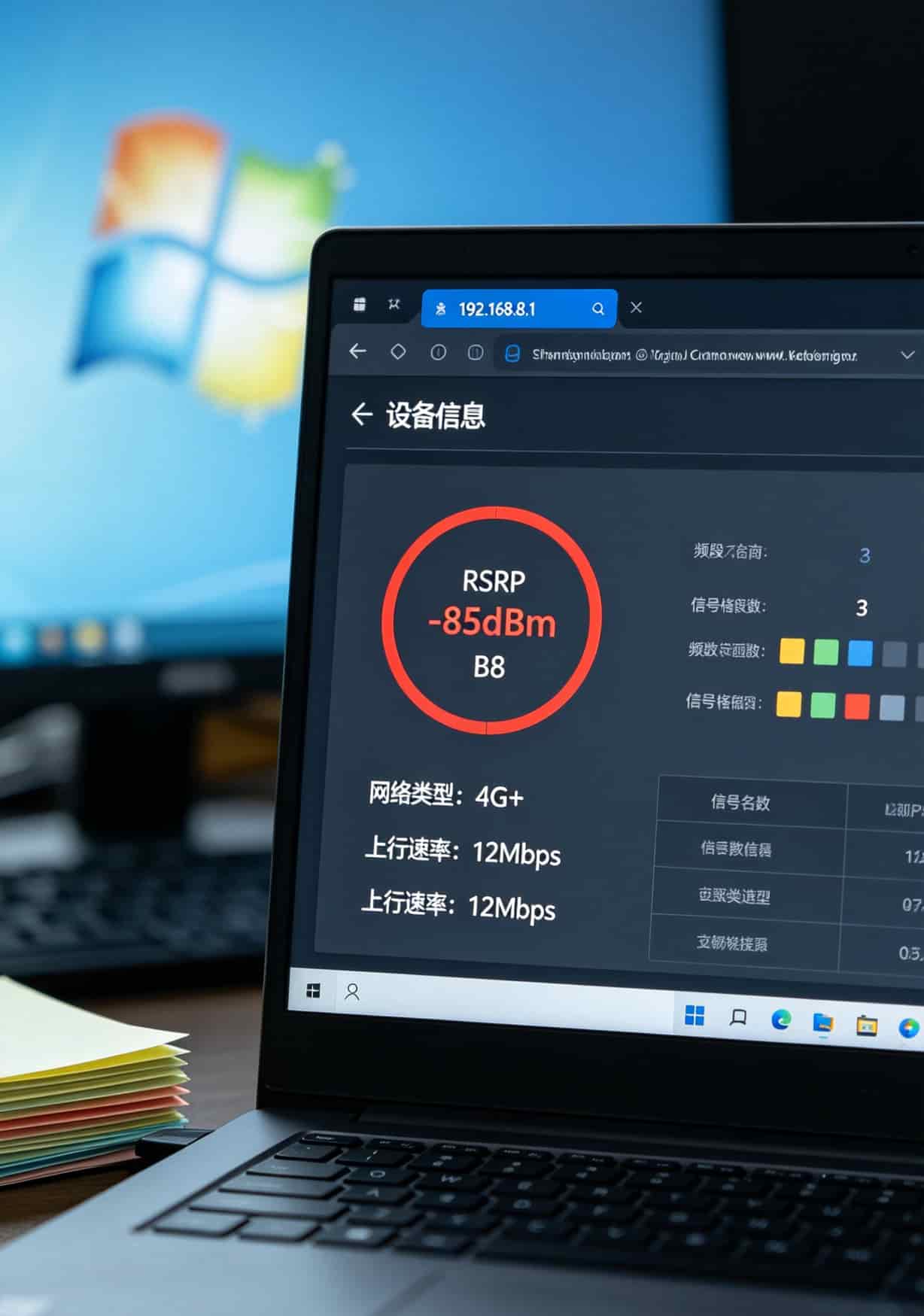 华为随身WiFi网速慢?别砸设备!先“比较流量卡”,三张卡轮一遍你就懂了 华为随身WiFi后台设备信息页面截图,标注RSRP、频段、信号格数