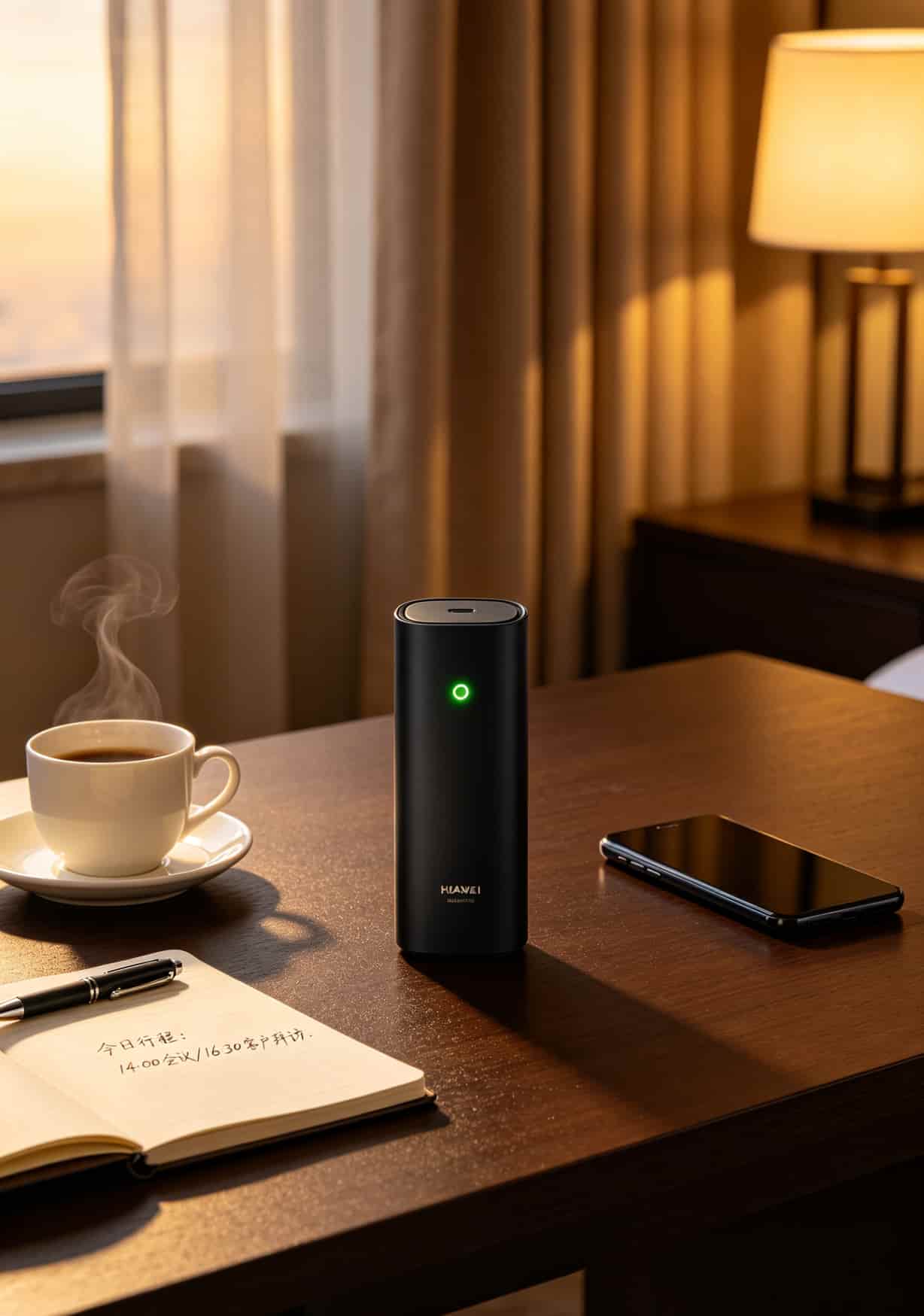 华为随身WiFi配上不换卡流量套餐,跑了30天差的人跟你说:这钱花得值 华为随身WiFi Pro 2放在酒店书桌上,旁边是一部手机和一杯咖啡