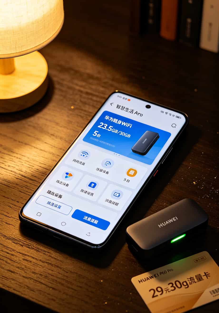 黄灯限速密码全忘?华为随身WiFi配29元30g流量卡,我折腾两年踩坑总结 华为智慧生活APP主界面和随身WiFi管理功能展示