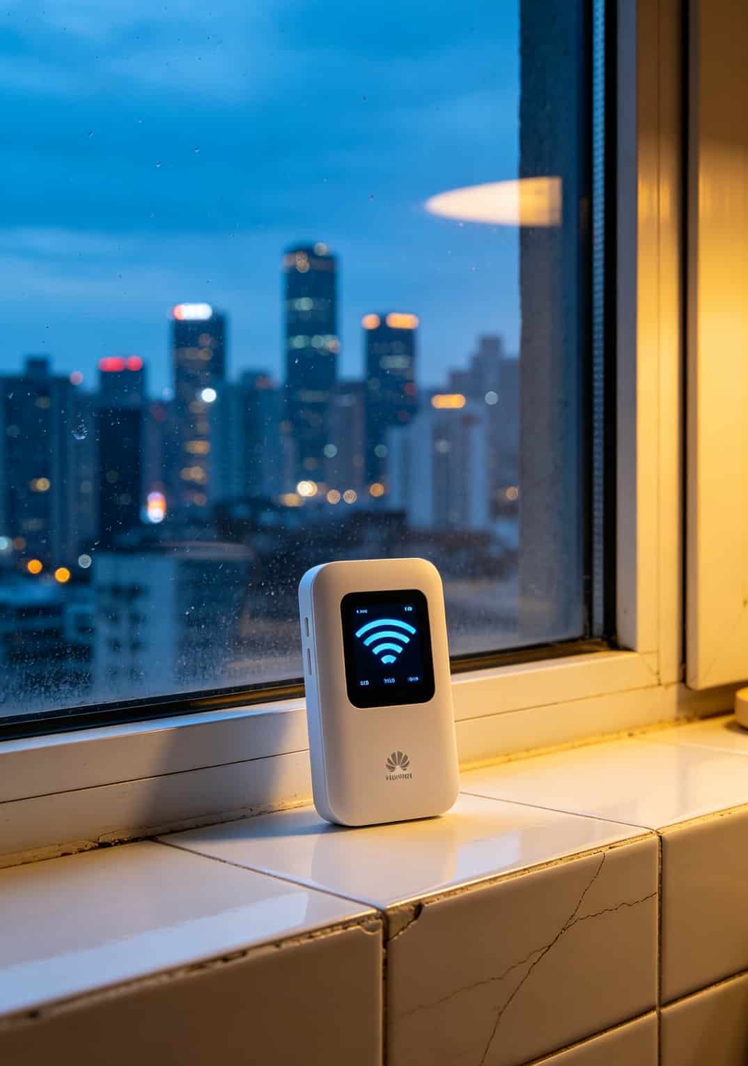 别扔钱了!电信9元10g流量卡配华为随身WiFi,我替你踩了半个月的坑 华为随身WiFi放在窗台上,窗外是城市高楼,信号满格