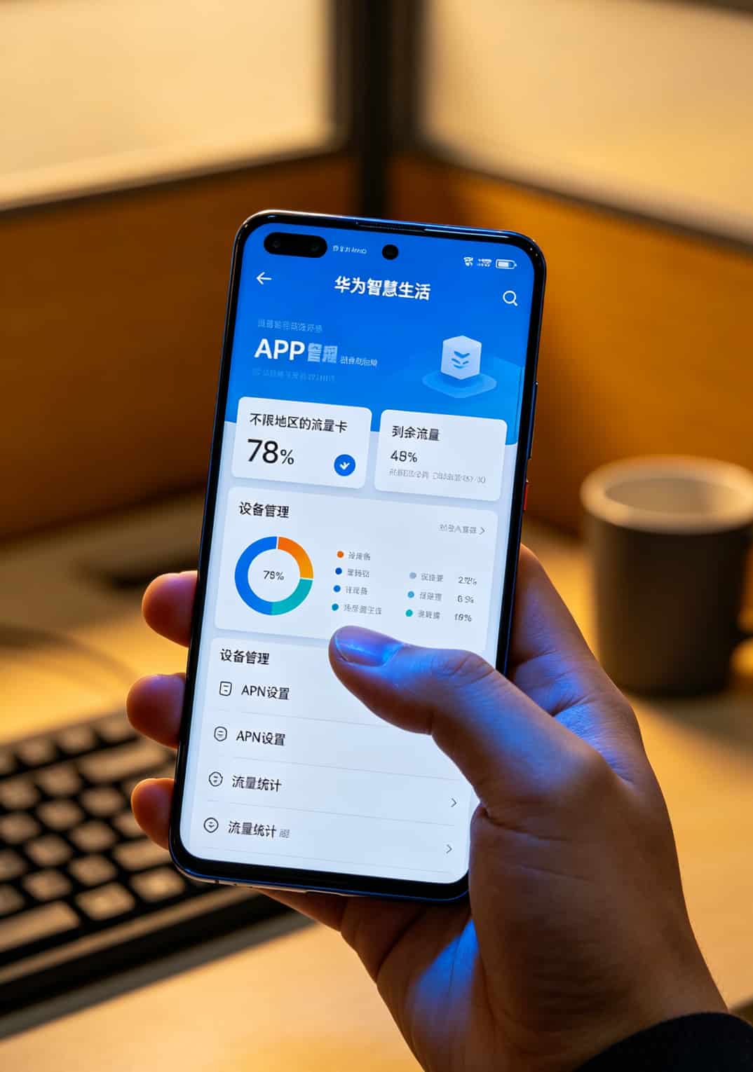 亏了三千块才搞明白:华为随身WiFi配一张“不限地区的流量卡”,一年能省下一半网费 华为智慧生活APP的界面截图,显示流量统计和设备管理功能