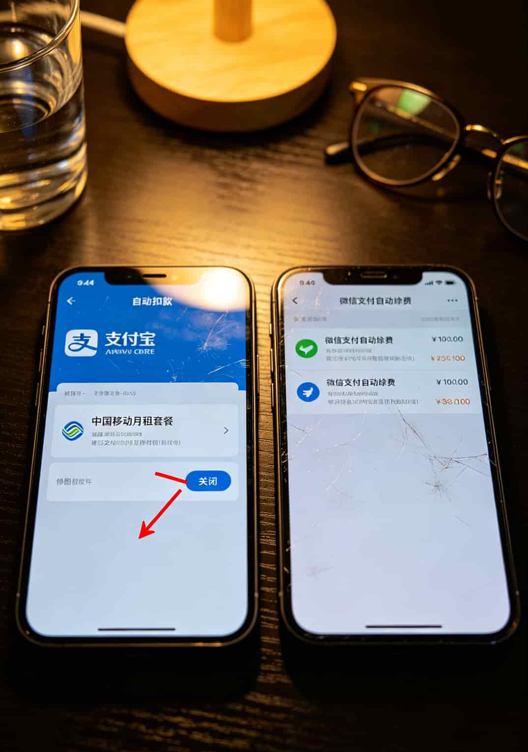 手机屏幕显示运营商App的自动续费管理页面，红色箭头指向关闭按钮