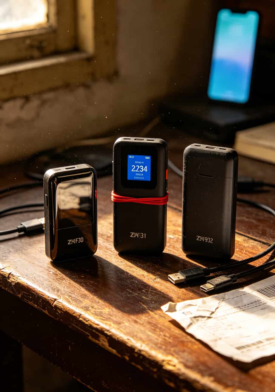 老张手里拿着三台中兴随身WiFi并排放在桌子上对比